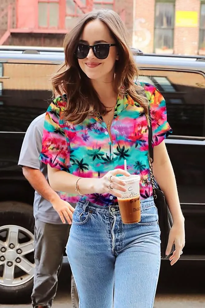 Women Hawaiian Shirt Soft Cool Summer Hawaii Tshirts Beach Tropic Print V Neck Button up Tops Floral Short Sleeve Tops