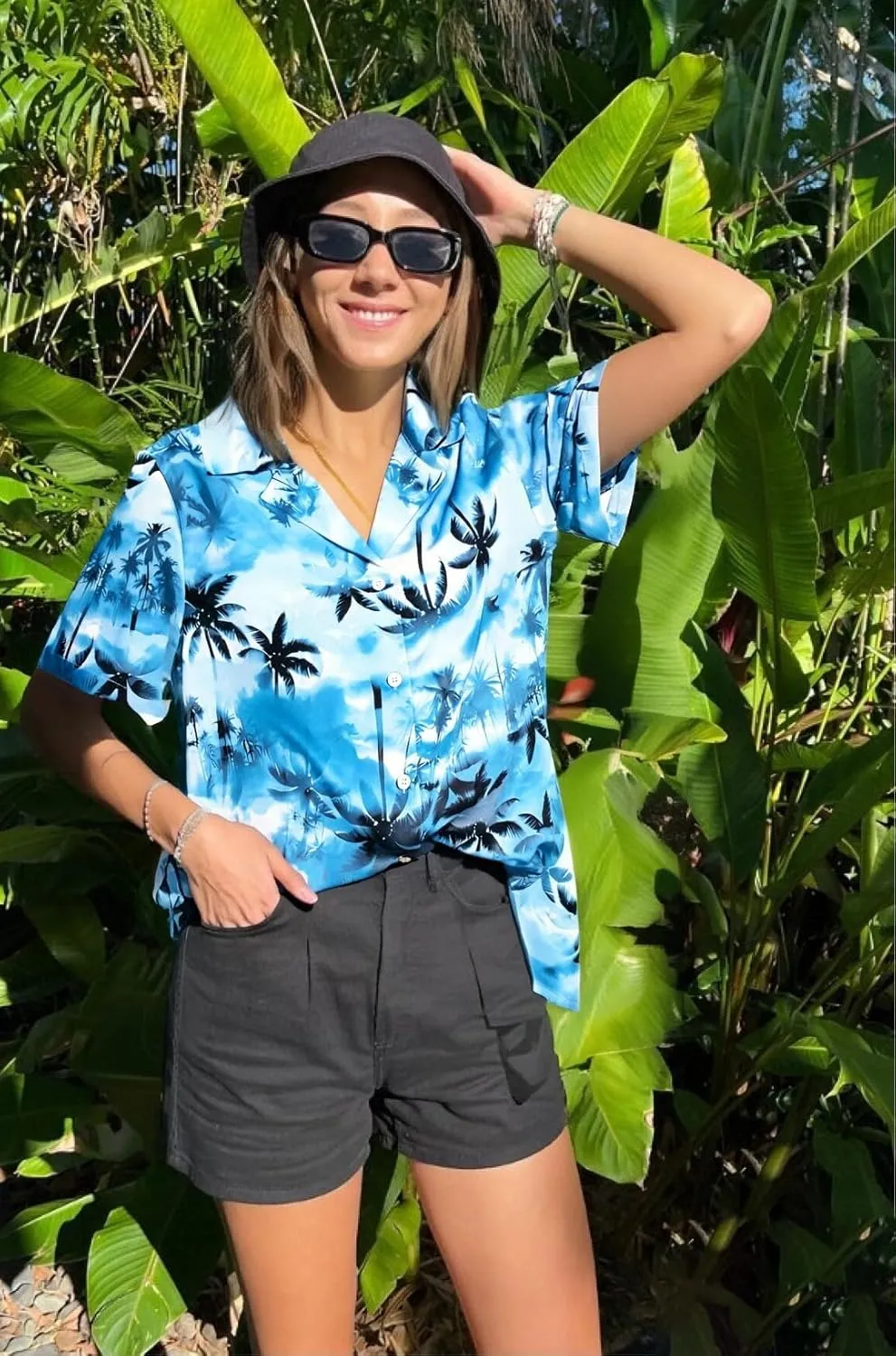 Women Hawaiian Shirt Soft Cool Summer Hawaii Tshirts Beach Tropic Print V Neck Button up Tops Floral Short Sleeve Tops