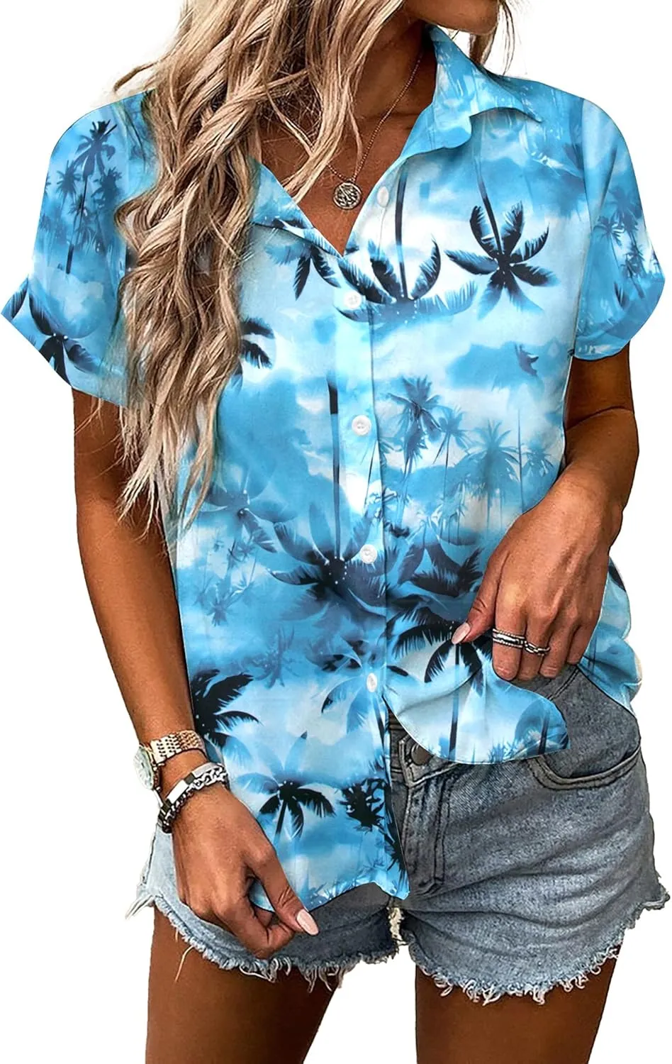 Women Hawaiian Shirt Soft Cool Summer Hawaii Tshirts Beach Tropic Print V Neck Button up Tops Floral Short Sleeve Tops