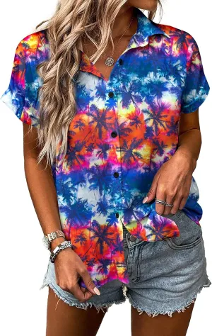 Women Hawaiian Shirt Soft Cool Summer Hawaii Tshirts Beach Tropic Print V Neck Button up Tops Floral Short Sleeve Tops