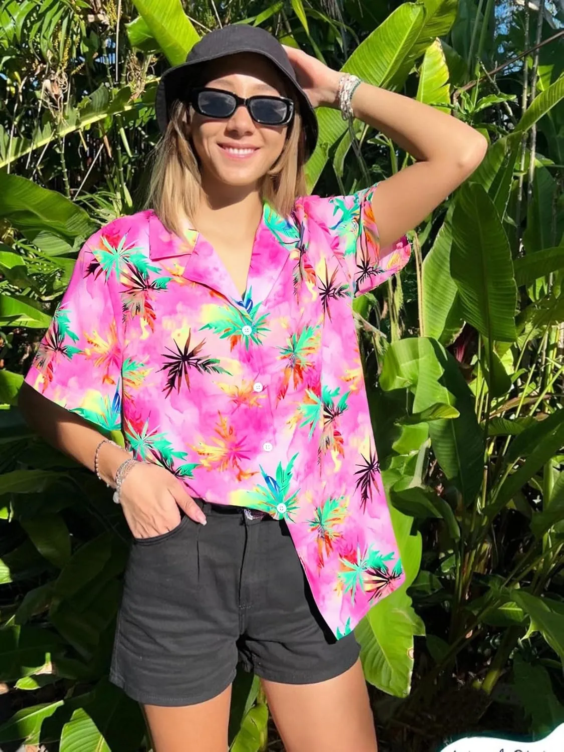 Women Hawaiian Shirt Soft Cool Summer Hawaii Tshirts Beach Tropic Print V Neck Button up Tops Floral Short Sleeve Tops