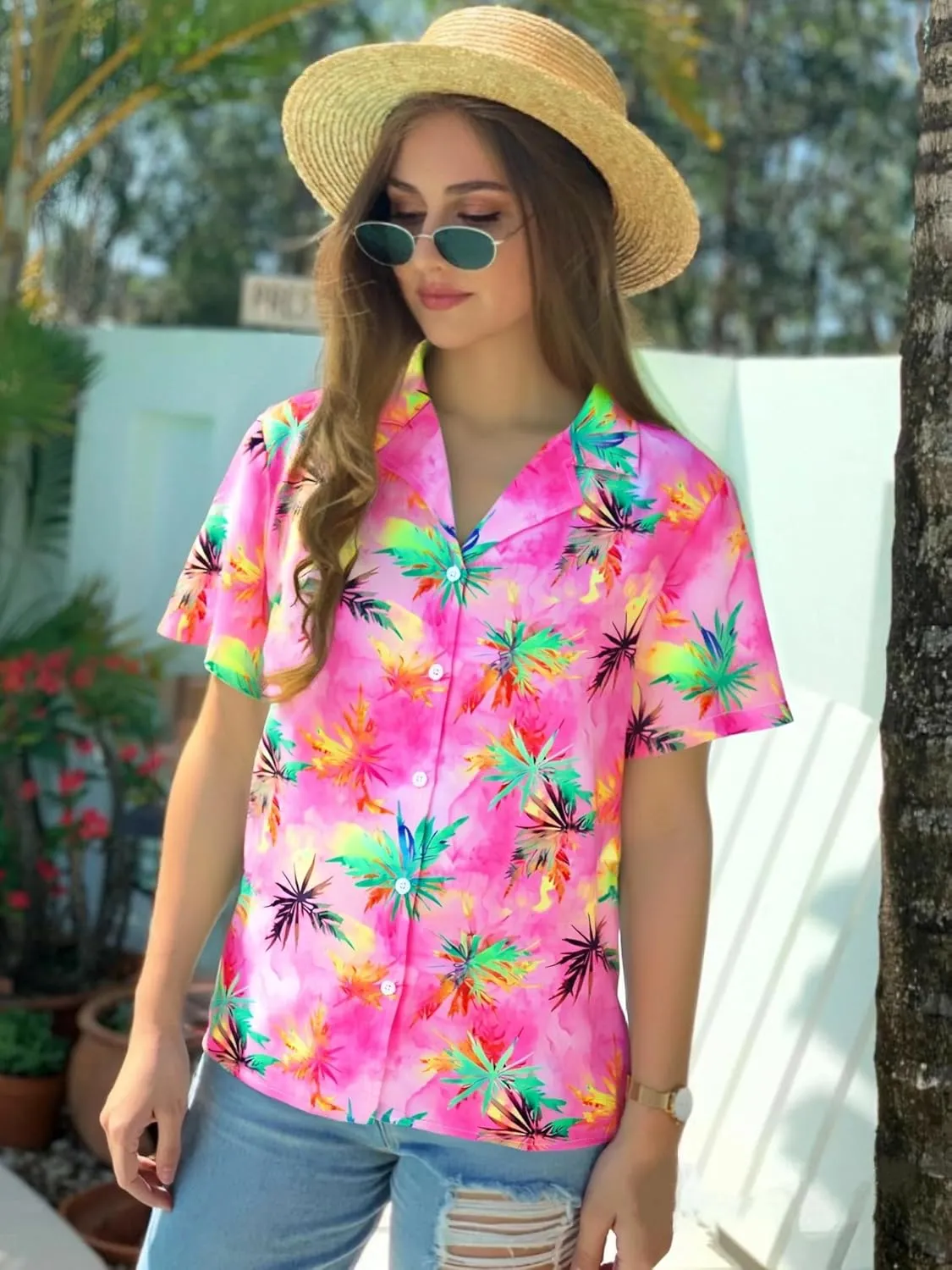 Women Hawaiian Shirt Soft Cool Summer Hawaii Tshirts Beach Tropic Print V Neck Button up Tops Floral Short Sleeve Tops