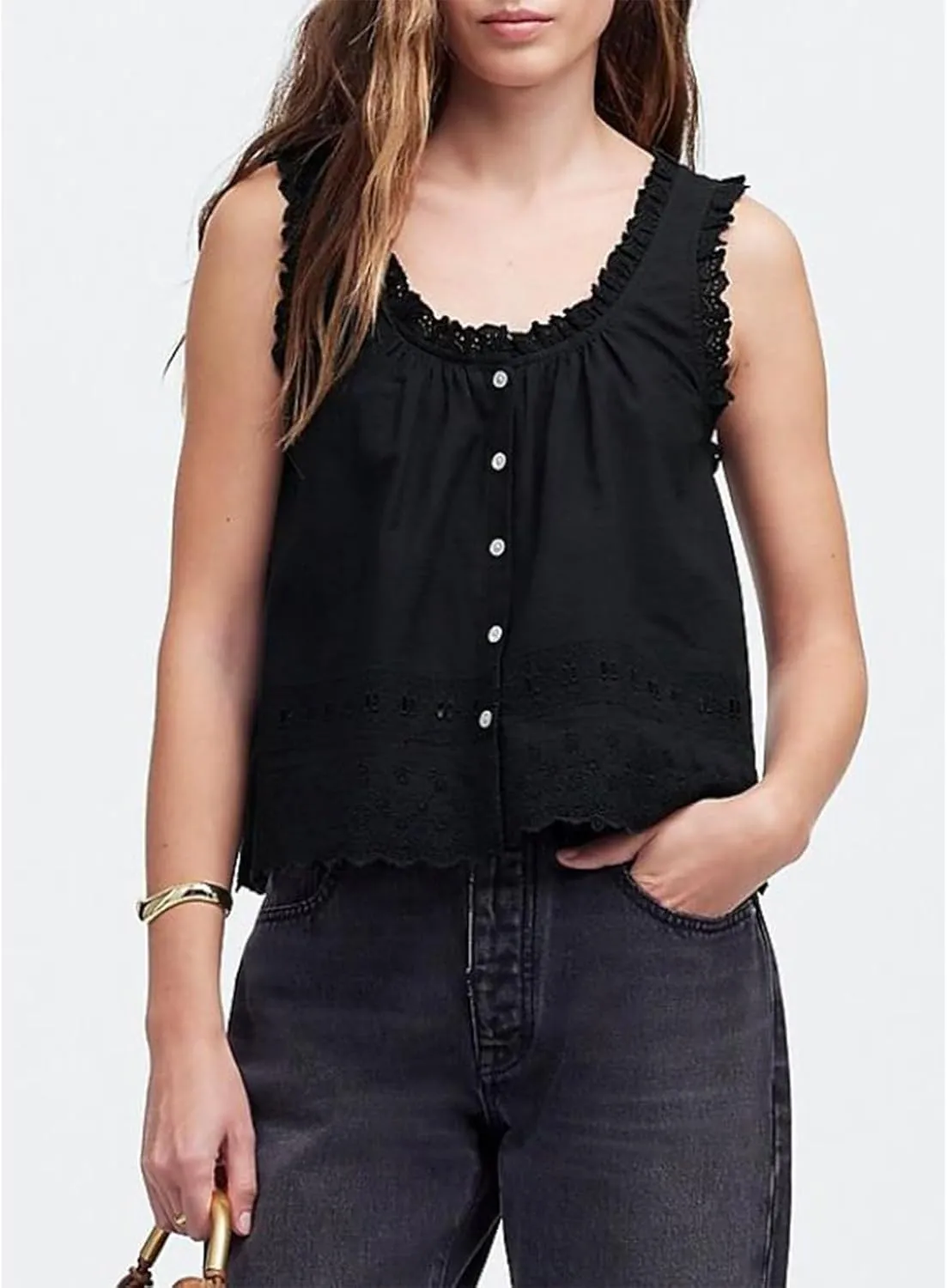 Women Lace Trim Tank Top Vneck Sleeveless Eyelet Embroidery Peplum Shirt Y2k Going Out Vacation Flowy Cami Shirt