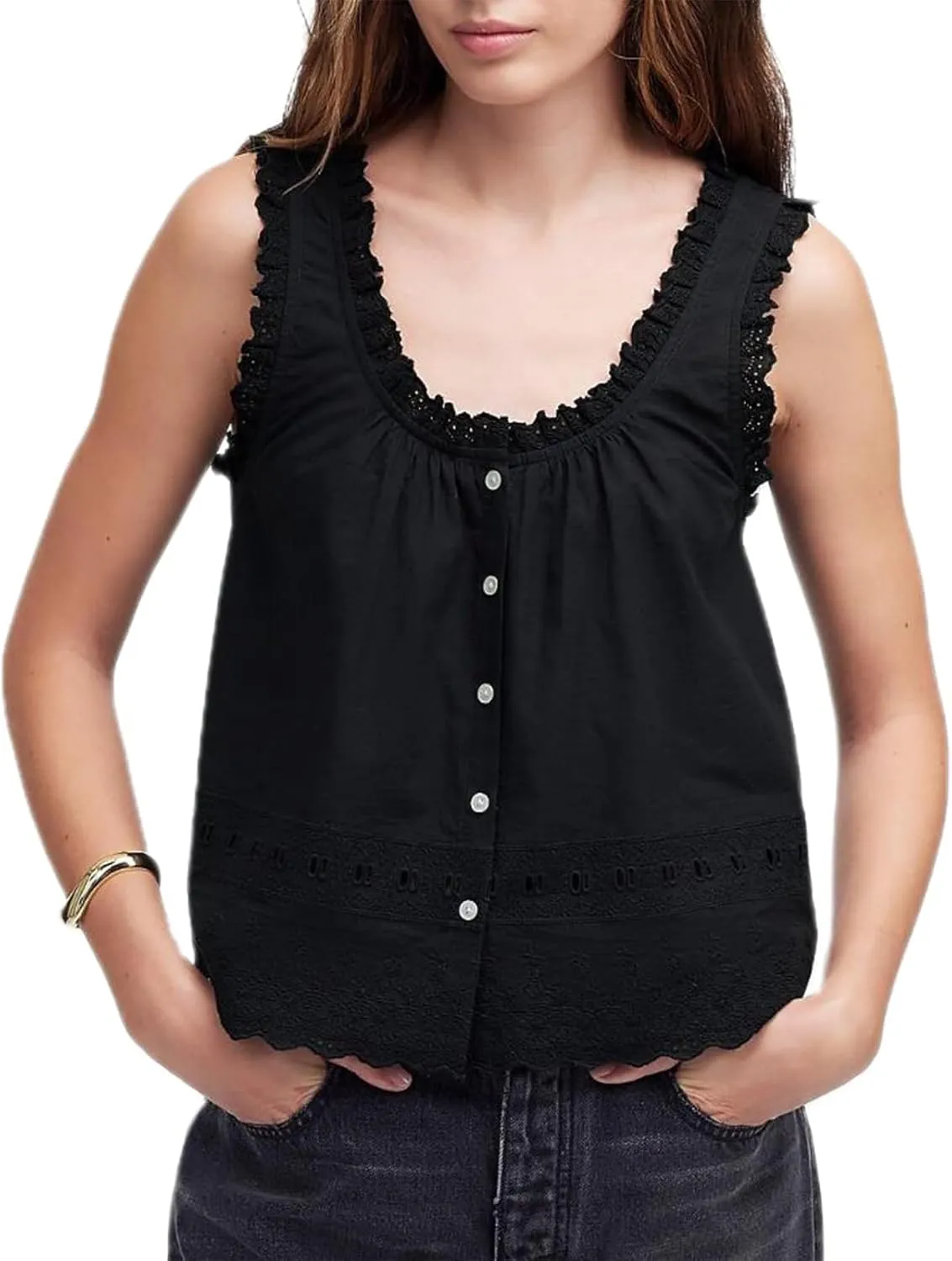 Women Lace Trim Tank Top Vneck Sleeveless Eyelet Embroidery Peplum Shirt Y2k Going Out Vacation Flowy Cami Shirt
