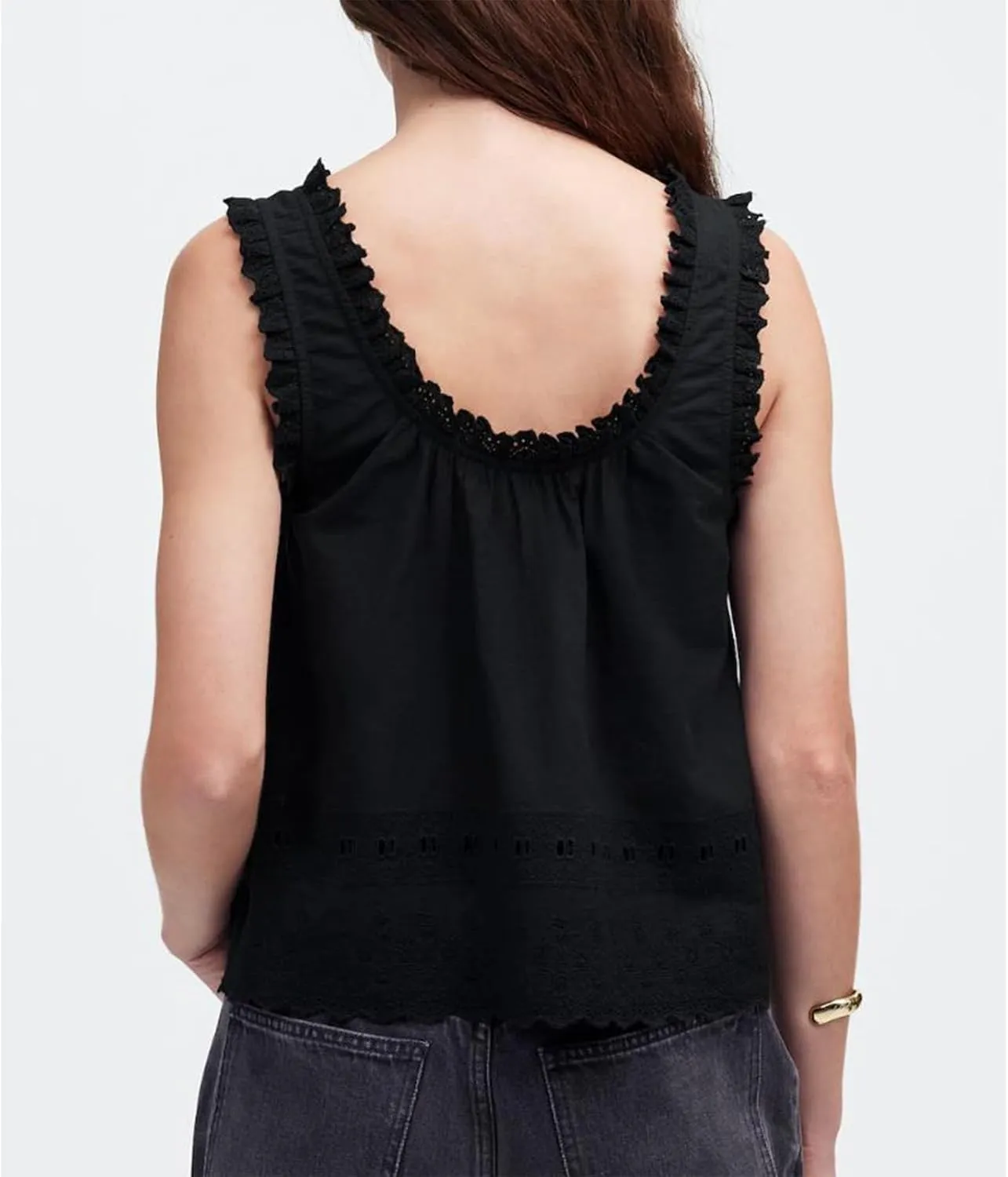 Women Lace Trim Tank Top Vneck Sleeveless Eyelet Embroidery Peplum Shirt Y2k Going Out Vacation Flowy Cami Shirt