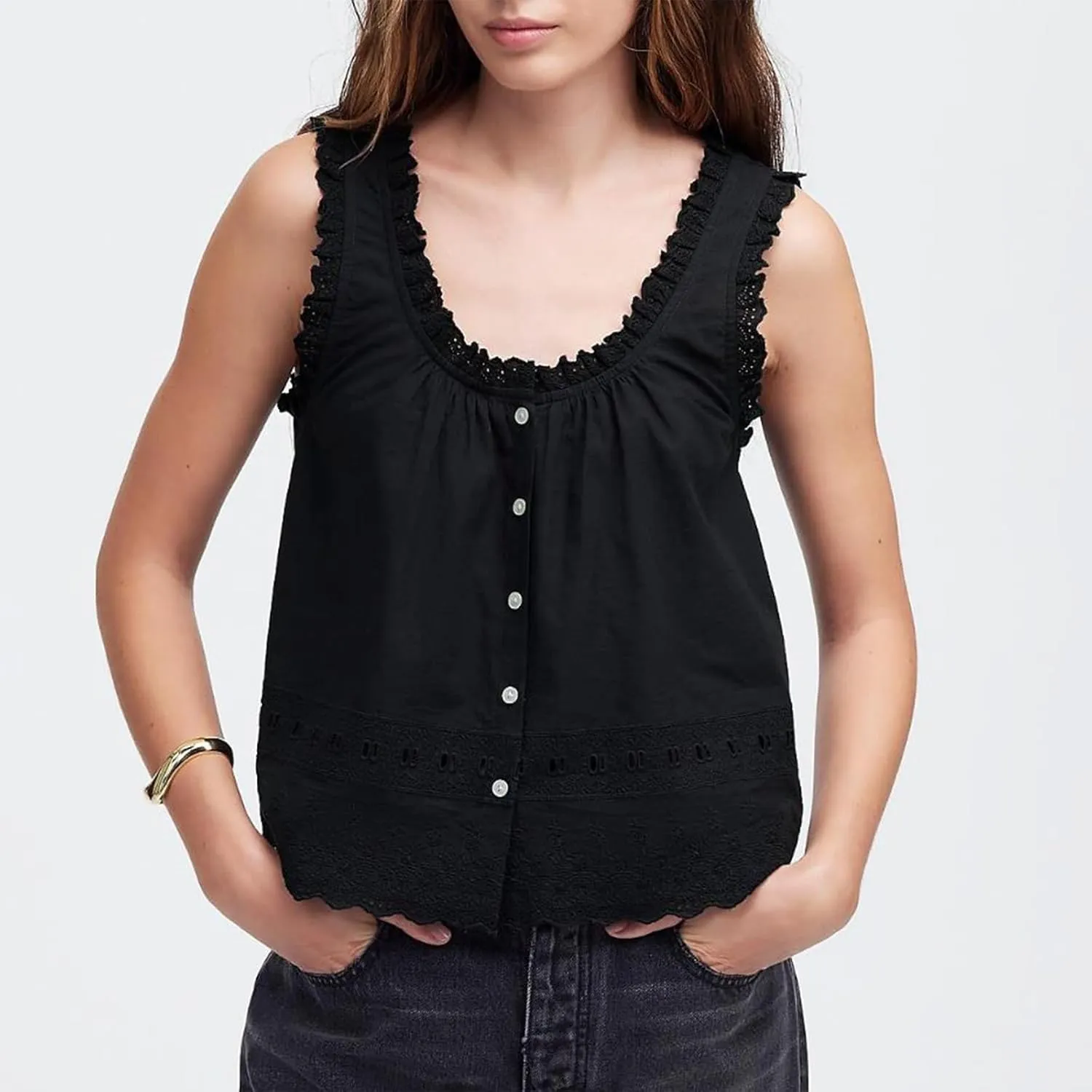 Women Lace Trim Tank Top Vneck Sleeveless Eyelet Embroidery Peplum Shirt Y2k Going Out Vacation Flowy Cami Shirt