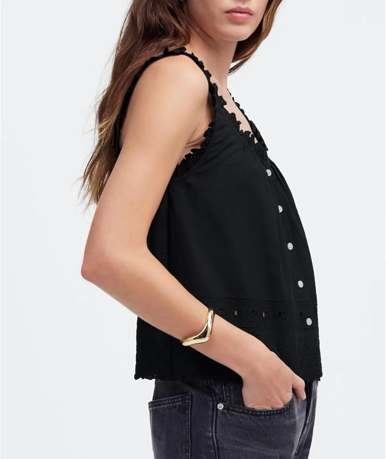 Women Lace Trim Tank Top Vneck Sleeveless Eyelet Embroidery Peplum Shirt Y2k Going Out Vacation Flowy Cami Shirt