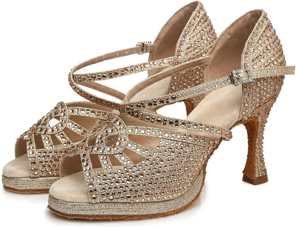 Women Latin Dance Shoes Rhinestone Open Toe Salsa Bachata Performance Ballroom Dancing Shoes,Model YCL458-8.5cm Heel