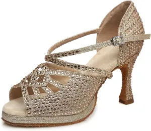 Women Latin Dance Shoes Rhinestone Open Toe Salsa Bachata Performance Ballroom Dancing Shoes,Model YCL458-8.5cm Heel