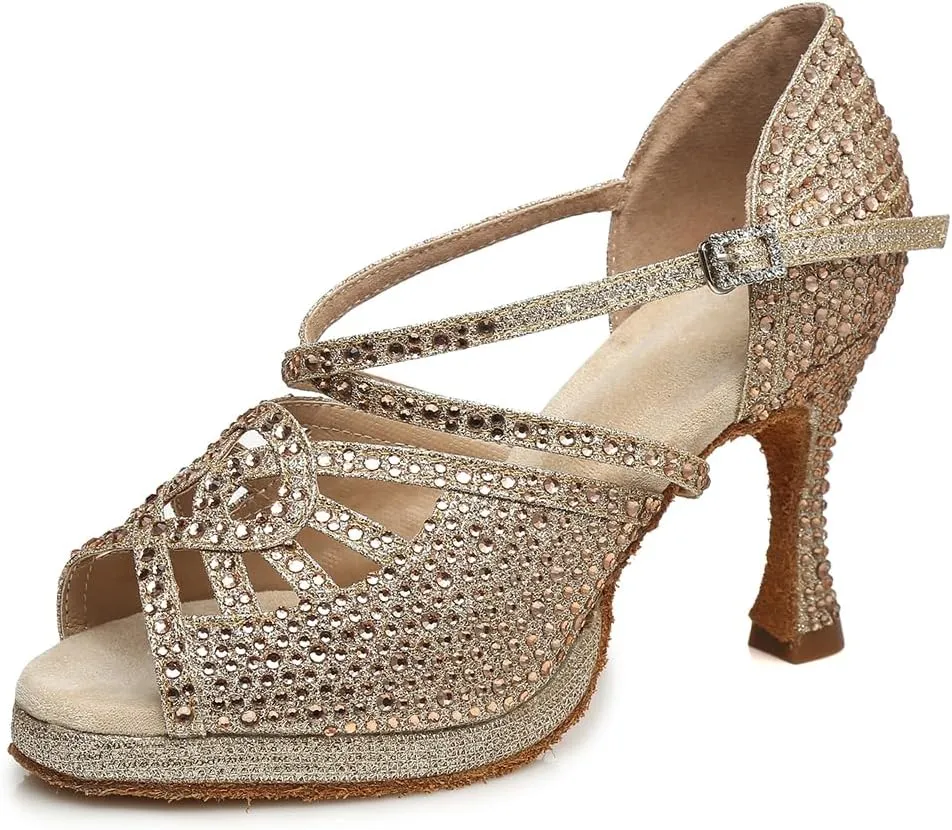 Women Latin Dance Shoes Rhinestone Open Toe Salsa Bachata Performance Ballroom Dancing Shoes,Model YCL458-8.5cm Heel