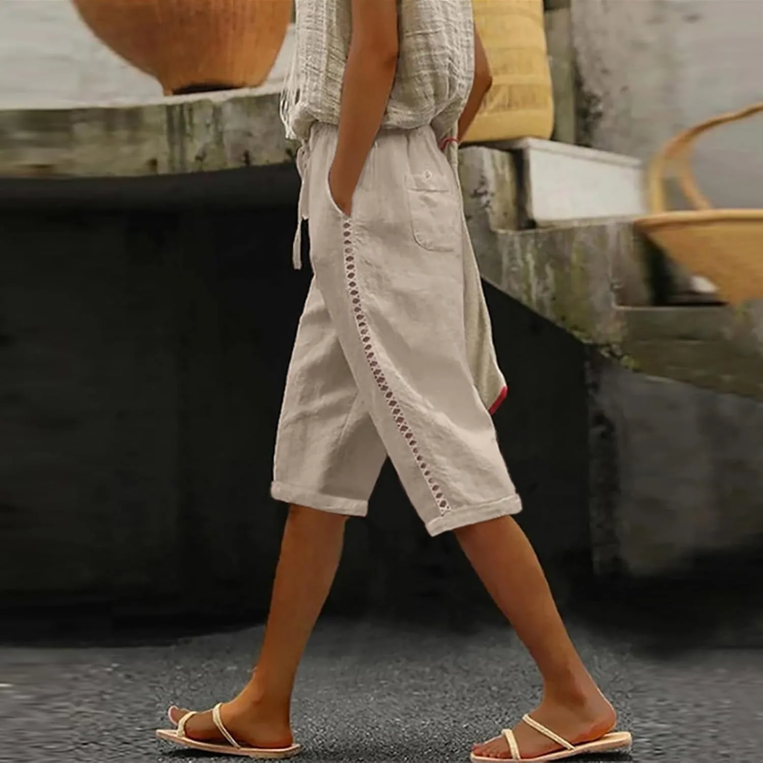 Women Linen Blend Summer Fashion Pant Trousers High Waist Wide Leg Loose Fit Palazzo Pants Business Work