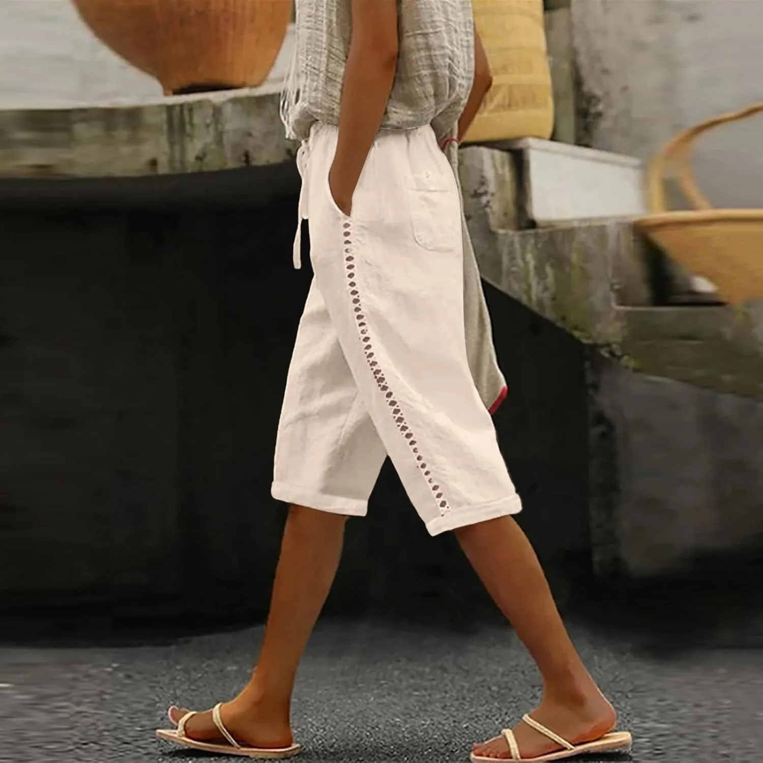 Women Linen Blend Summer Fashion Pant Trousers High Waist Wide Leg Loose Fit Palazzo Pants Business Work