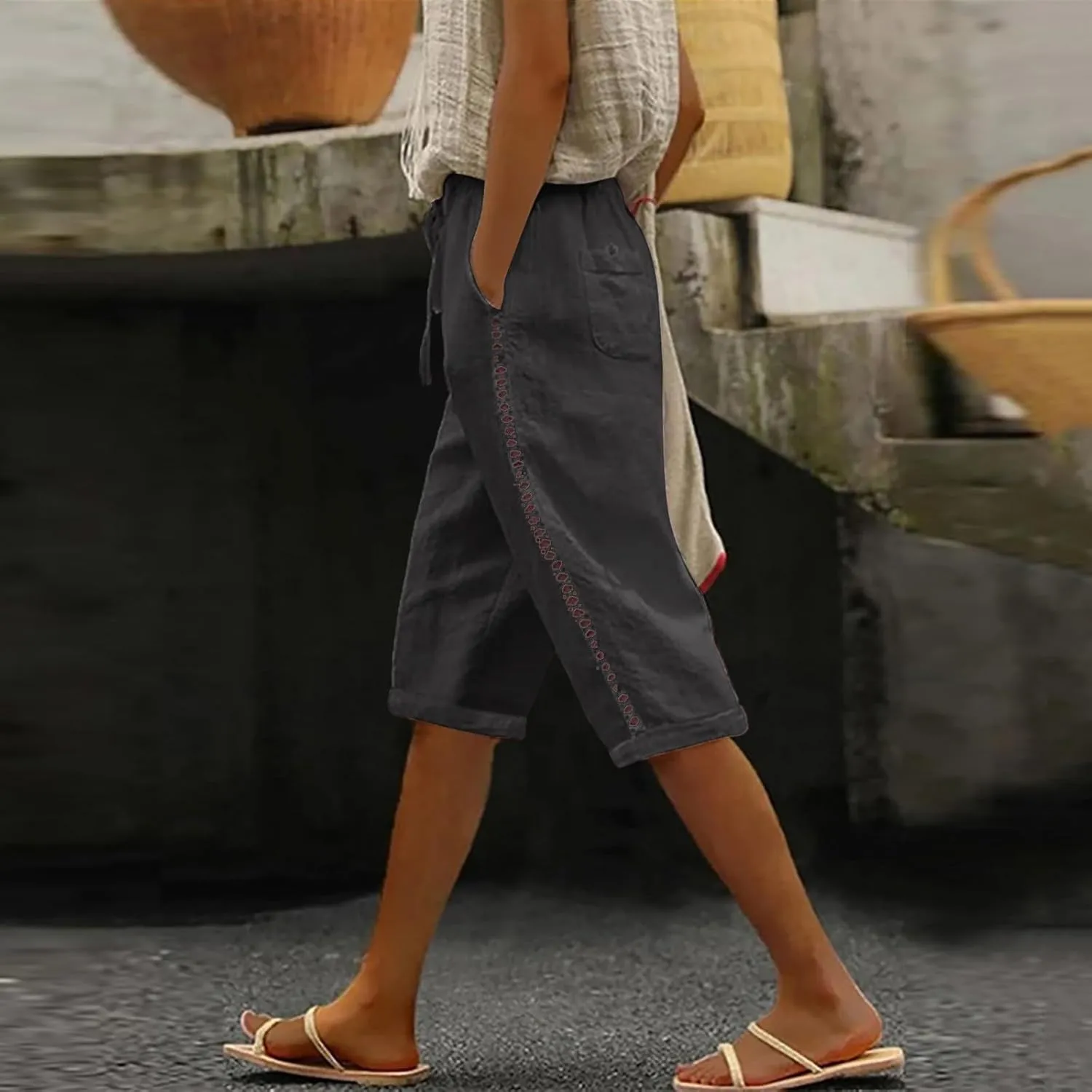 Women Linen Blend Summer Fashion Pant Trousers High Waist Wide Leg Loose Fit Palazzo Pants Business Work