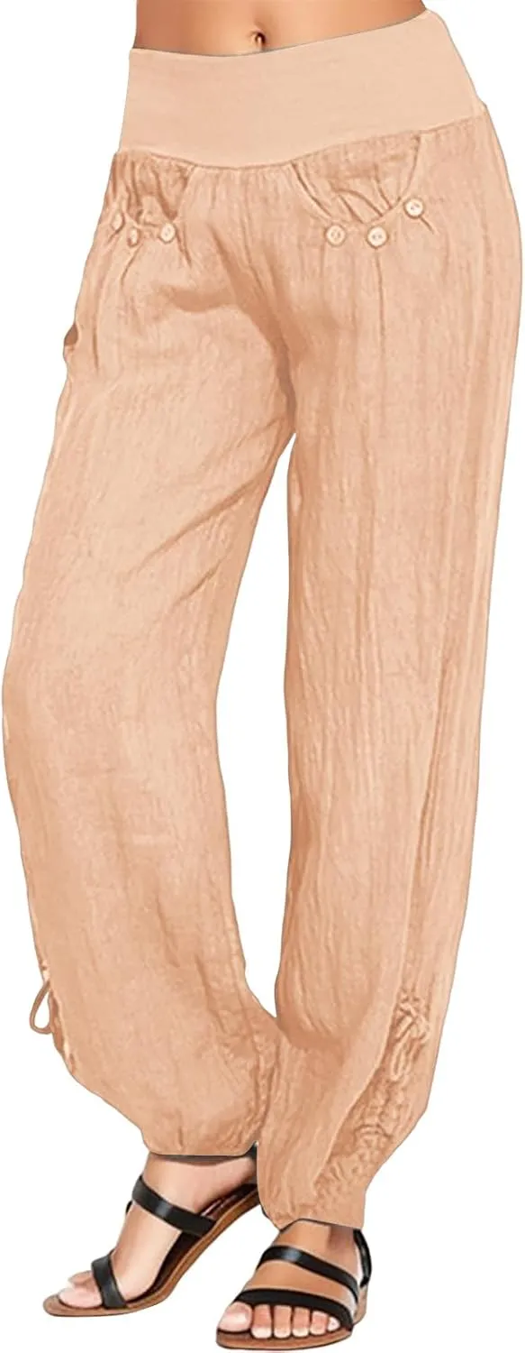 Women Linen Blend Summer Fashion Pant Trousers High Waist Wide Leg Loose Fit Palazzo Pants Business Work