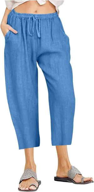Women Linen Summer Cropped Palazzo Pants Low Waist Wide Leg Slim Fit Palazzo Lounge Pants Trendy