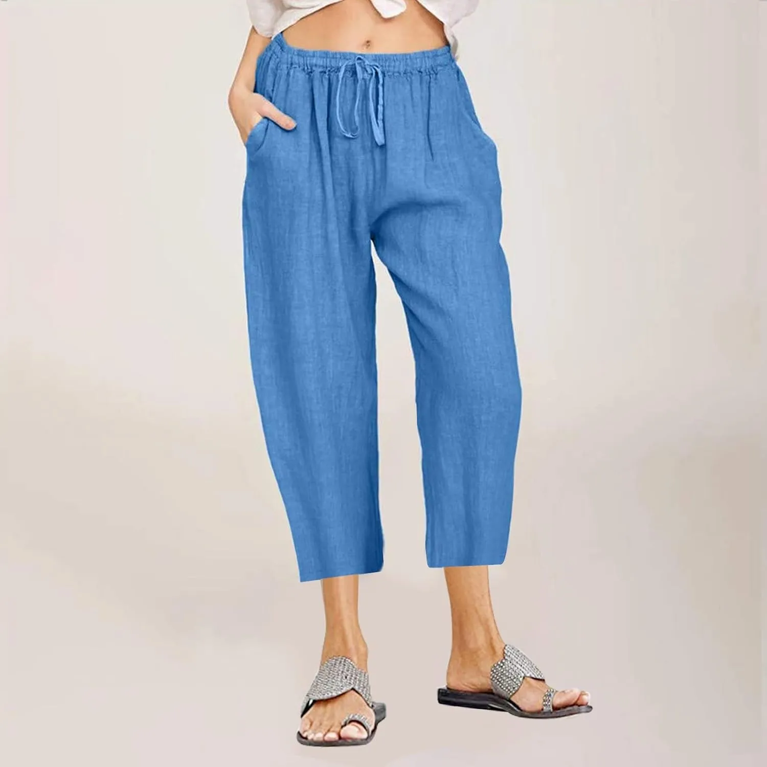 Women Linen Summer Cropped Palazzo Pants Low Waist Wide Leg Slim Fit Palazzo Lounge Pants Trendy