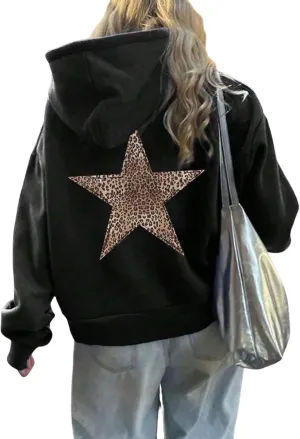 Women Oversized Sweatshirt Leopard Star Hoodies Casual Long Sleeve Sweaters Thick Warm Tops Coat Fashion Fall Clothes