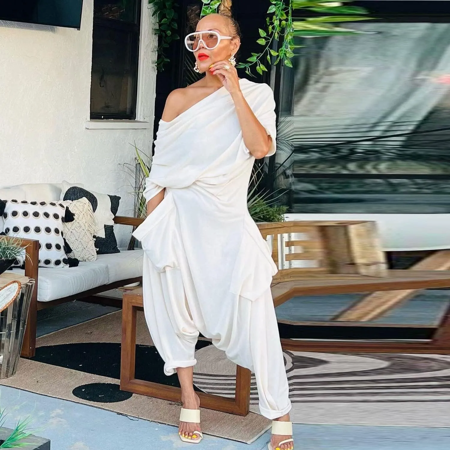 Women Pocket Side Off Shoulder Draped White Haren Jumpsuit Casual Streetwear Hip Hop One Piece Suit Overall Playsuits