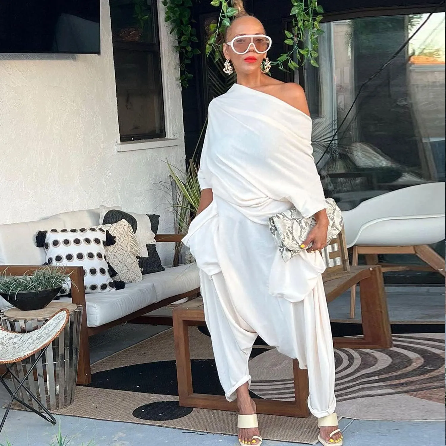 Women Pocket Side Off Shoulder Draped White Haren Jumpsuit Casual Streetwear Hip Hop One Piece Suit Overall Playsuits