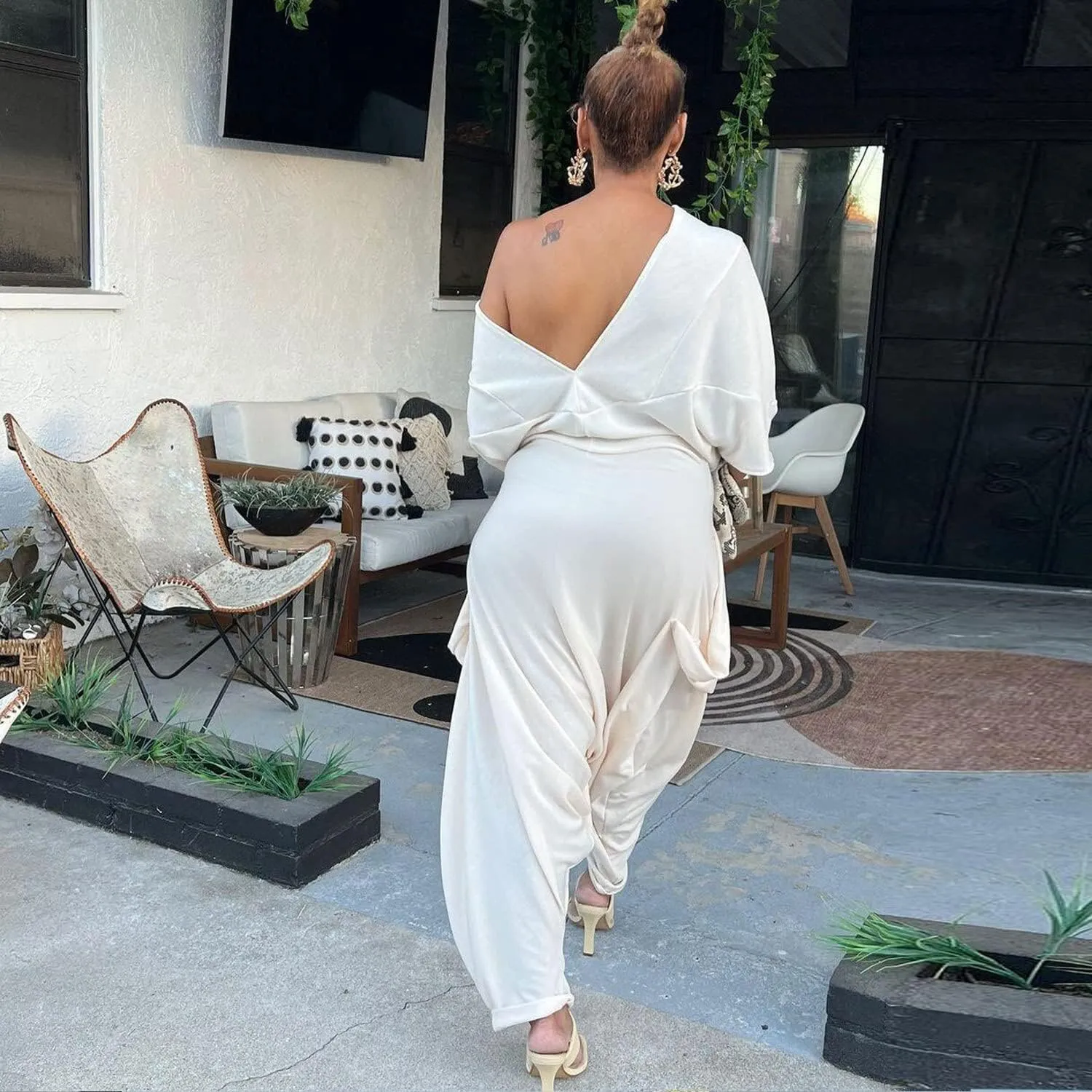 Women Pocket Side Off Shoulder Draped White Haren Jumpsuit Casual Streetwear Hip Hop One Piece Suit Overall Playsuits