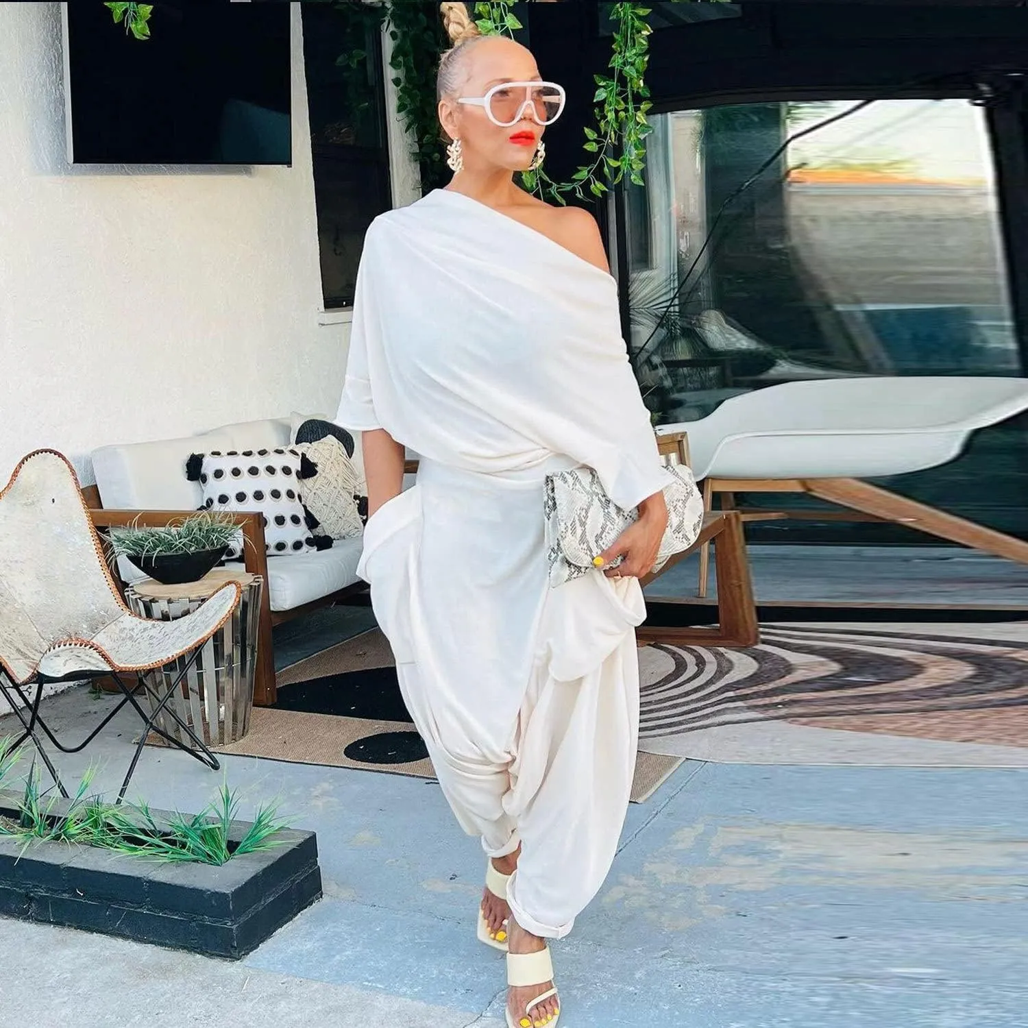 Women Pocket Side Off Shoulder Draped White Haren Jumpsuit Casual Streetwear Hip Hop One Piece Suit Overall Playsuits