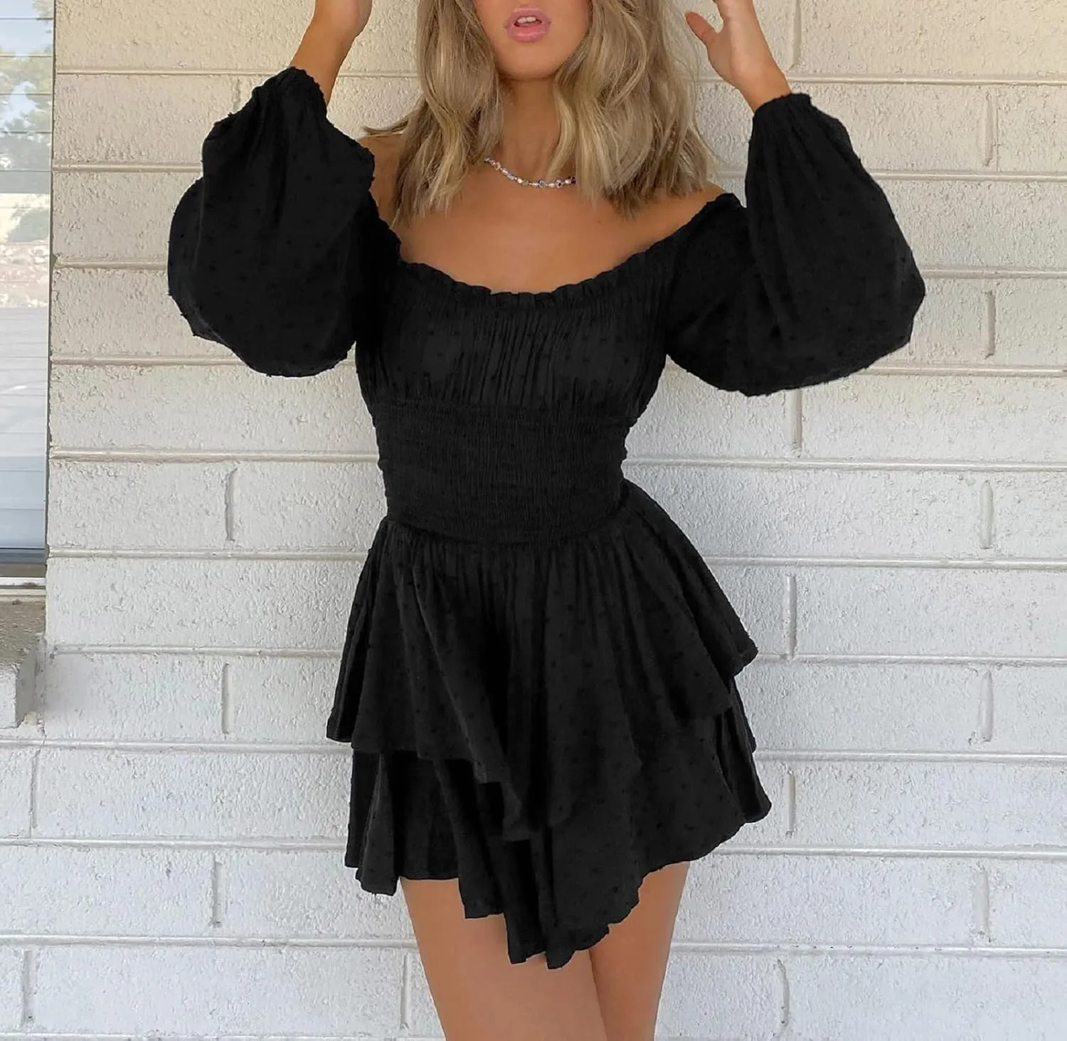 Women Puff Sleeve Romper Off Shoulder Ruffle Dress with Shorts Long Sleeve Flowy Layered Pirate Jumpsuit Playsuits