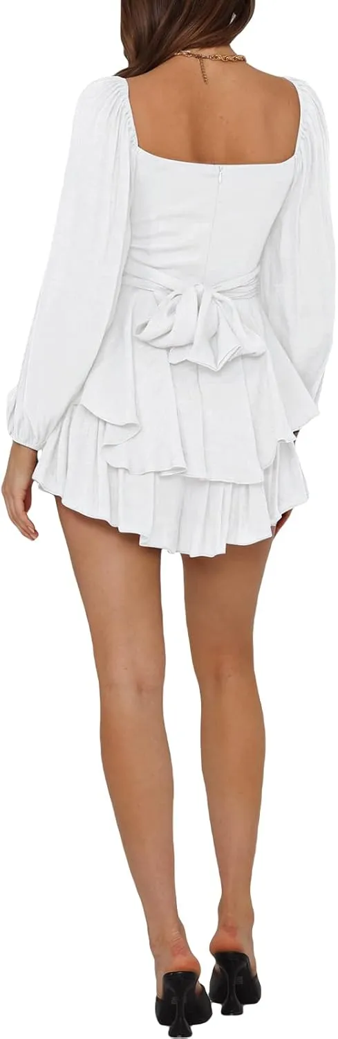 Women Puff Sleeve Romper Off Shoulder Ruffle Dress with Shorts Long Sleeve Flowy Layered Pirate Jumpsuit Playsuits
