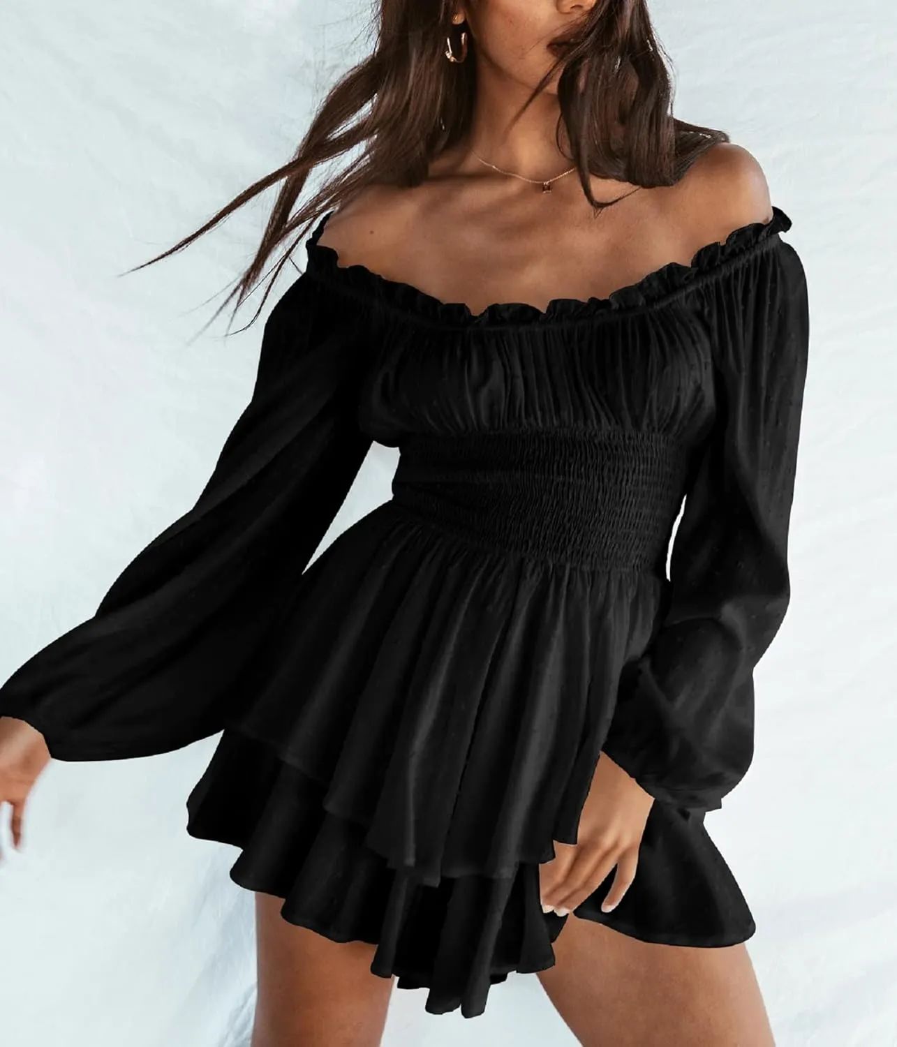 Women Puff Sleeve Romper Off Shoulder Ruffle Dress with Shorts Long Sleeve Flowy Layered Pirate Jumpsuit Playsuits
