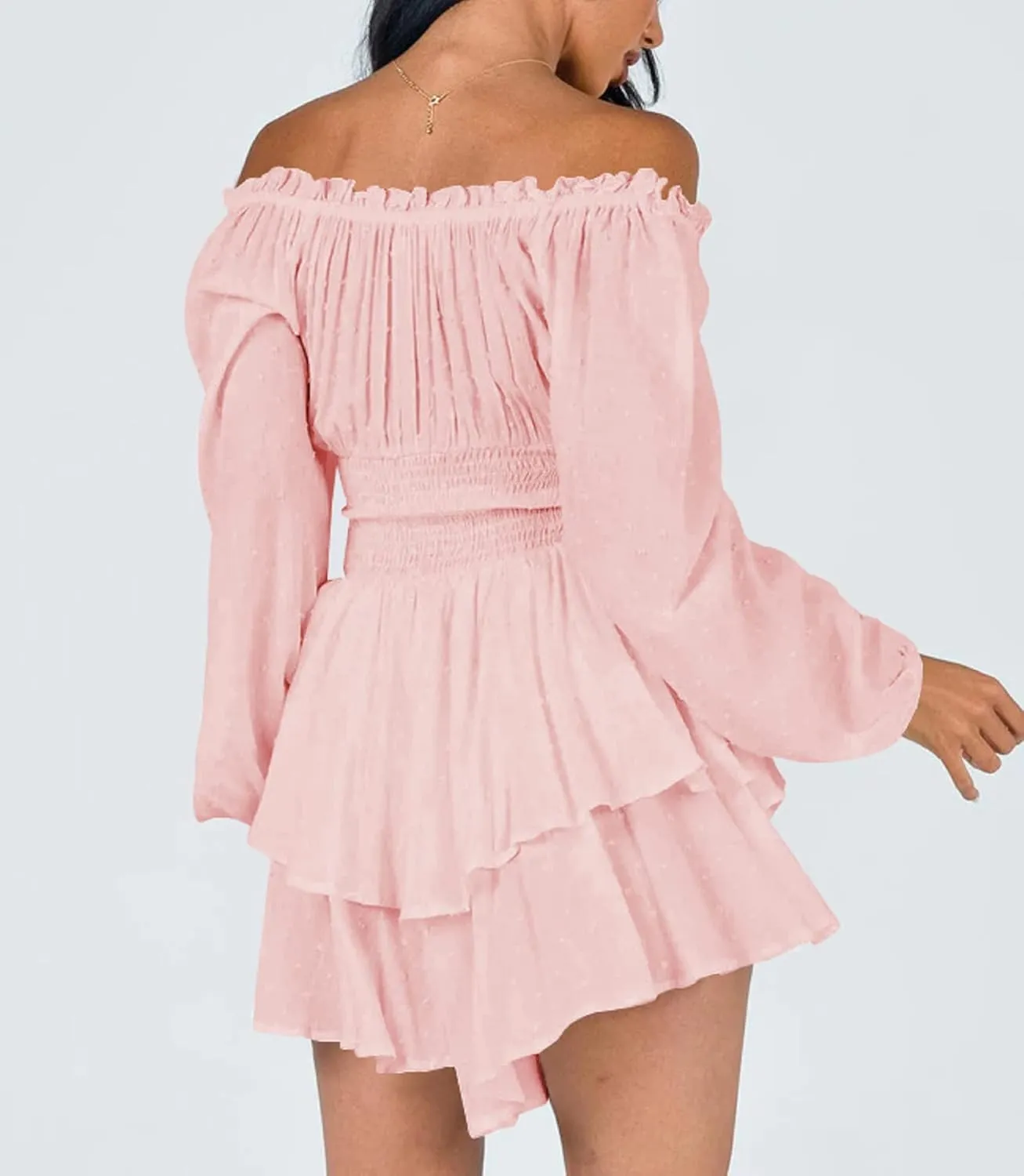 Women Puff Sleeve Romper Off Shoulder Ruffle Dress with Shorts Long Sleeve Flowy Layered Pirate Jumpsuit Playsuits