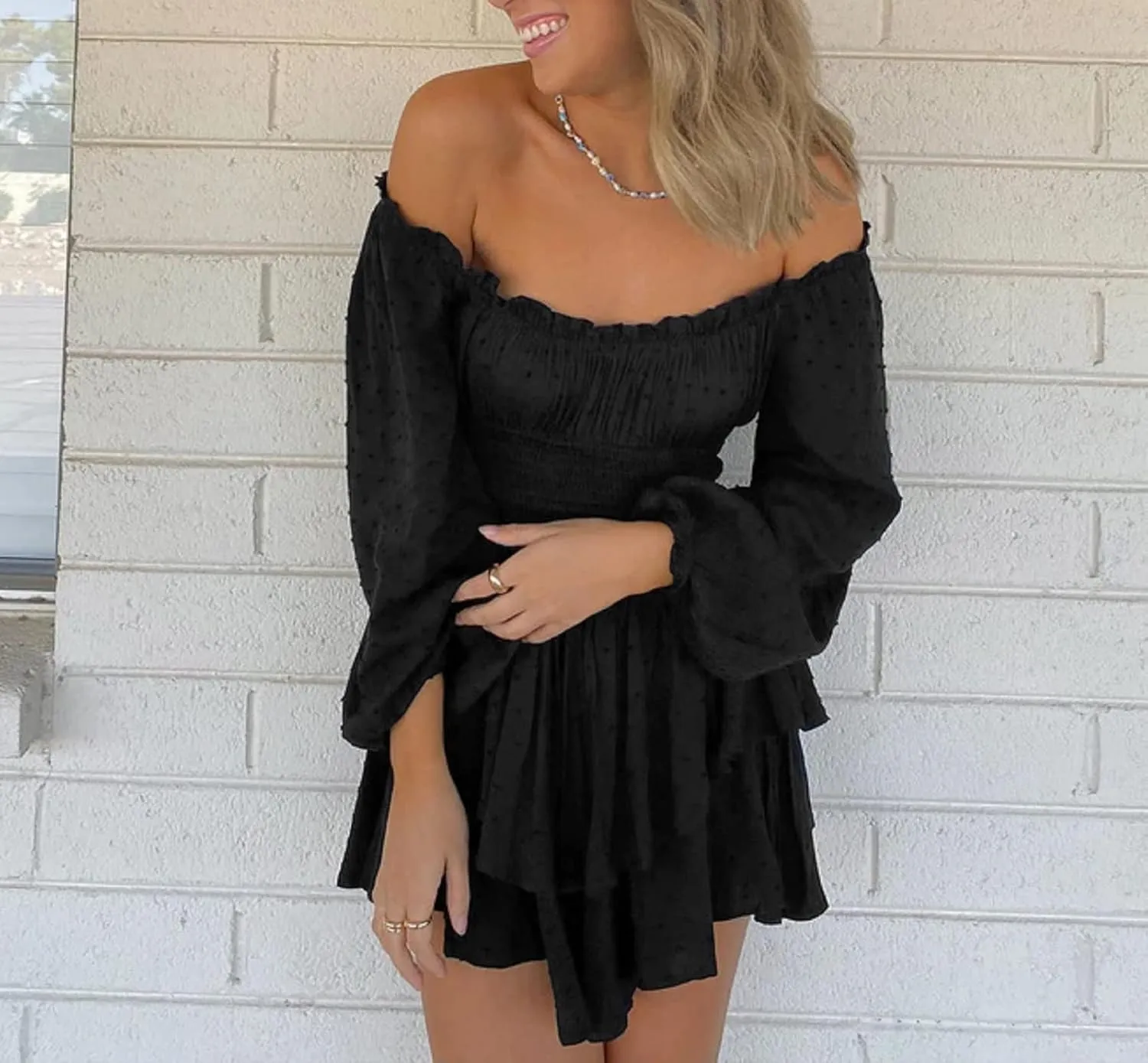 Women Puff Sleeve Romper Off Shoulder Ruffle Dress with Shorts Long Sleeve Flowy Layered Pirate Jumpsuit Playsuits
