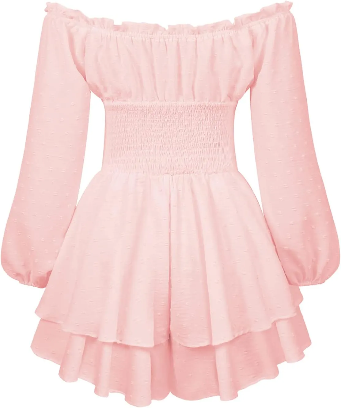 Women Puff Sleeve Romper Off Shoulder Ruffle Dress with Shorts Long Sleeve Flowy Layered Pirate Jumpsuit Playsuits