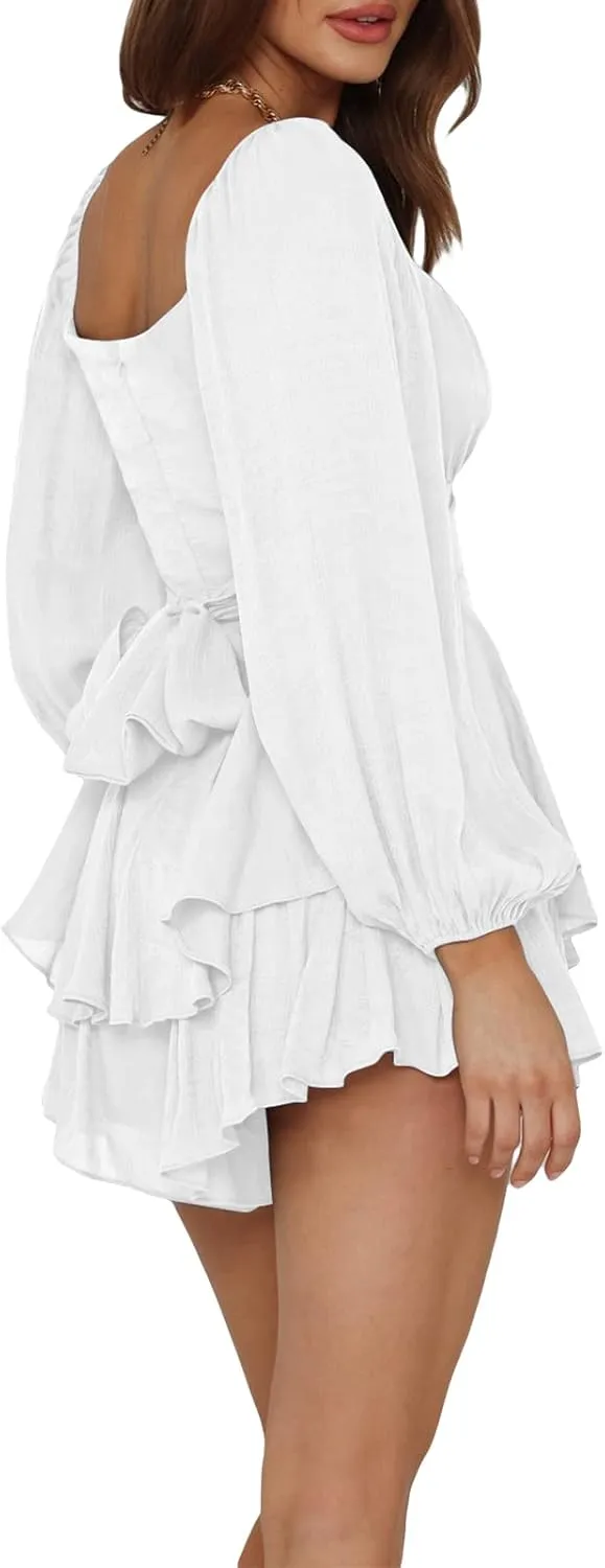 Women Puff Sleeve Romper Off Shoulder Ruffle Dress with Shorts Long Sleeve Flowy Layered Pirate Jumpsuit Playsuits