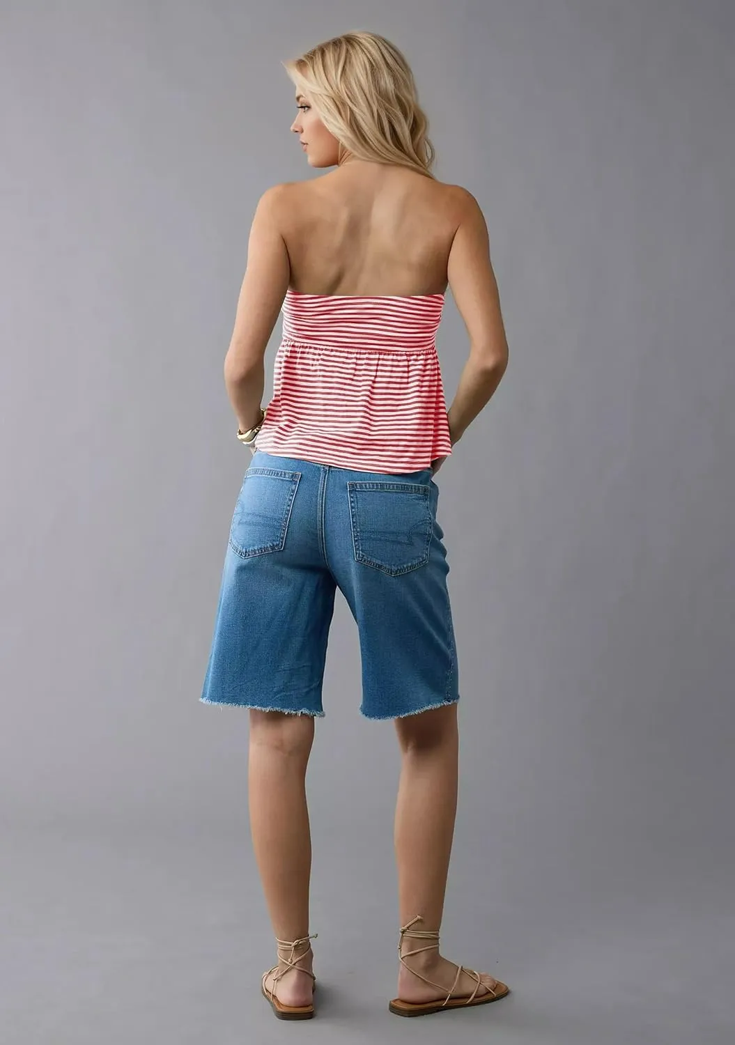 Women Ruffle Hem Striped Bandeau Tube Tops Y2k Strapless Sleeveless Peplum Flowy Blouse Shirts Summer Going Out Tank