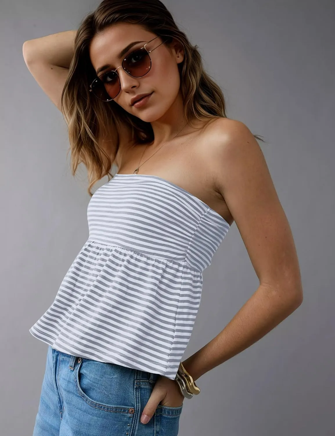 Women Ruffle Hem Striped Bandeau Tube Tops Y2k Strapless Sleeveless Peplum Flowy Blouse Shirts Summer Going Out Tank