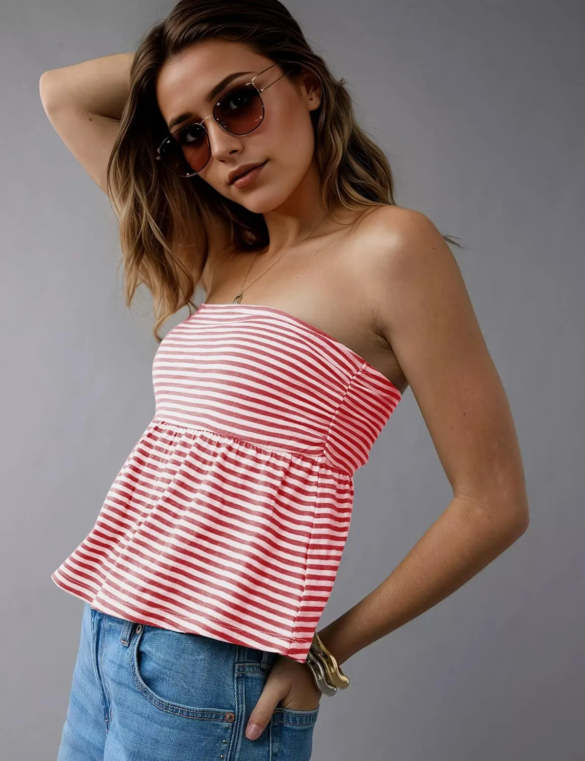 Women Ruffle Hem Striped Bandeau Tube Tops Y2k Strapless Sleeveless Peplum Flowy Blouse Shirts Summer Going Out Tank