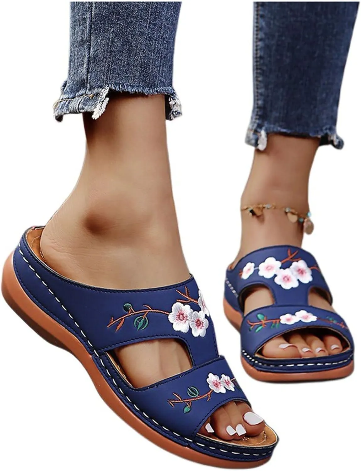 Women Sandals Flower Embroidered Wedge Flat Slipper Casual Open Toe Slip-on Slides Lightweight Comfory Outdoor Shoes