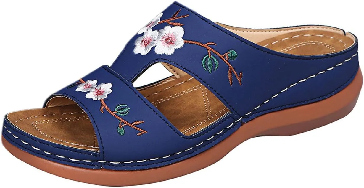 Women Sandals Flower Embroidered Wedge Flat Slipper Casual Open Toe Slip-on Slides Lightweight Comfory Outdoor Shoes