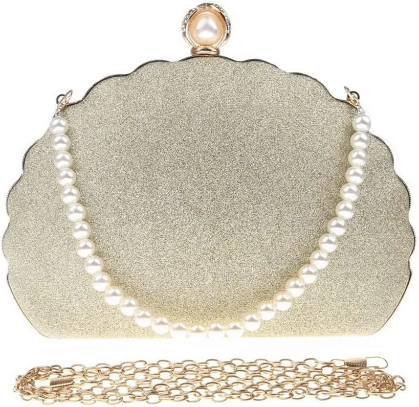Women Sequined Day Clutch Pearl Diamonds with Beaded Shoulder Chain Small Evening Bags Purse(E)