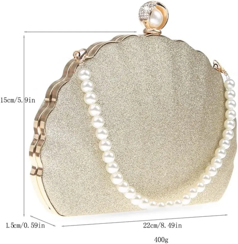 Women Sequined Day Clutch Pearl Diamonds with Beaded Shoulder Chain Small Evening Bags Purse(E)