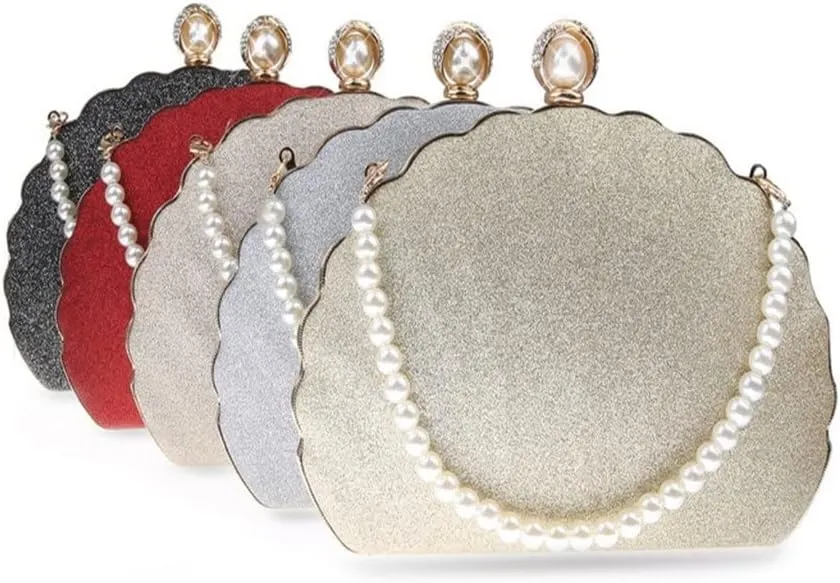 Women Sequined Day Clutch Pearl Diamonds with Beaded Shoulder Chain Small Evening Bags Purse(E)