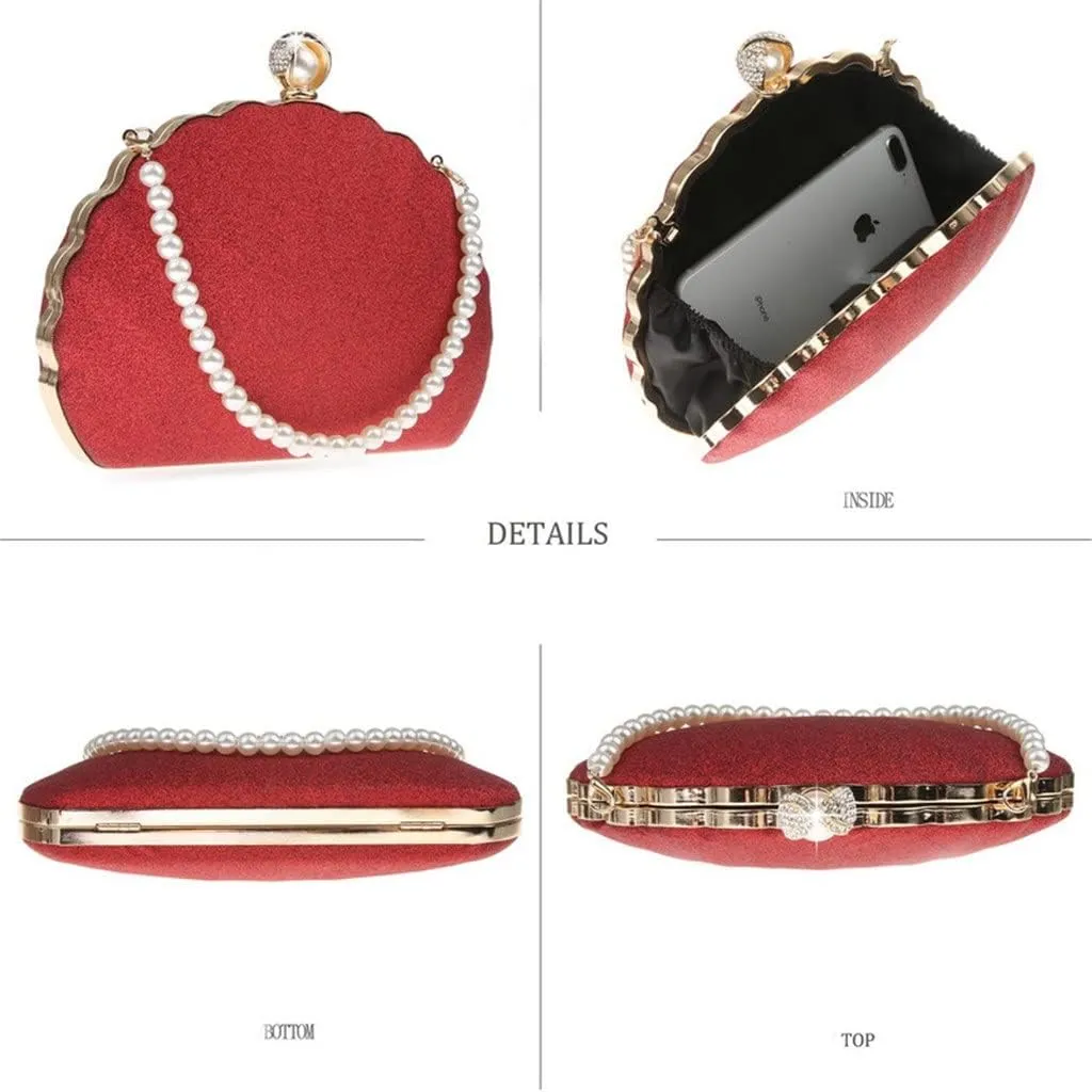 Women Sequined Day Clutch Pearl Diamonds with Beaded Shoulder Chain Small Evening Bags Purse(E)