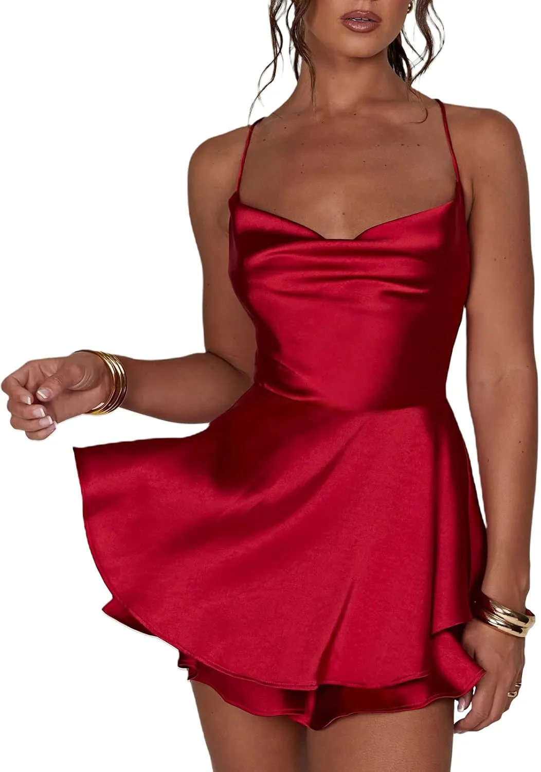 Women Sexy Dress Backless Short Romper Cowl Neck Tie Ruffle Layer Spaghetti Strap Jumpsuit Mini Dress