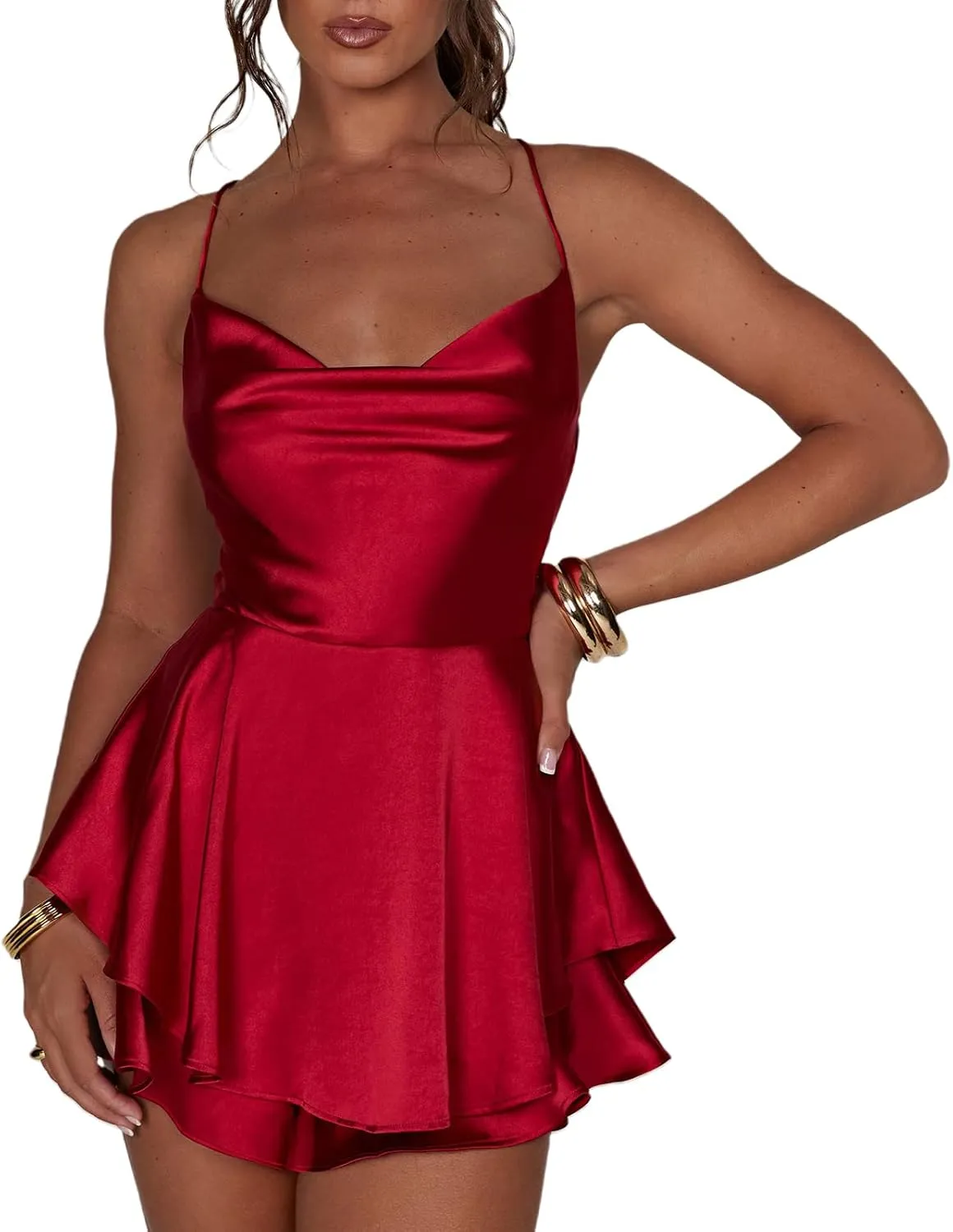 Women Sexy Dress Backless Short Romper Cowl Neck Tie Ruffle Layer Spaghetti Strap Jumpsuit Mini Dress