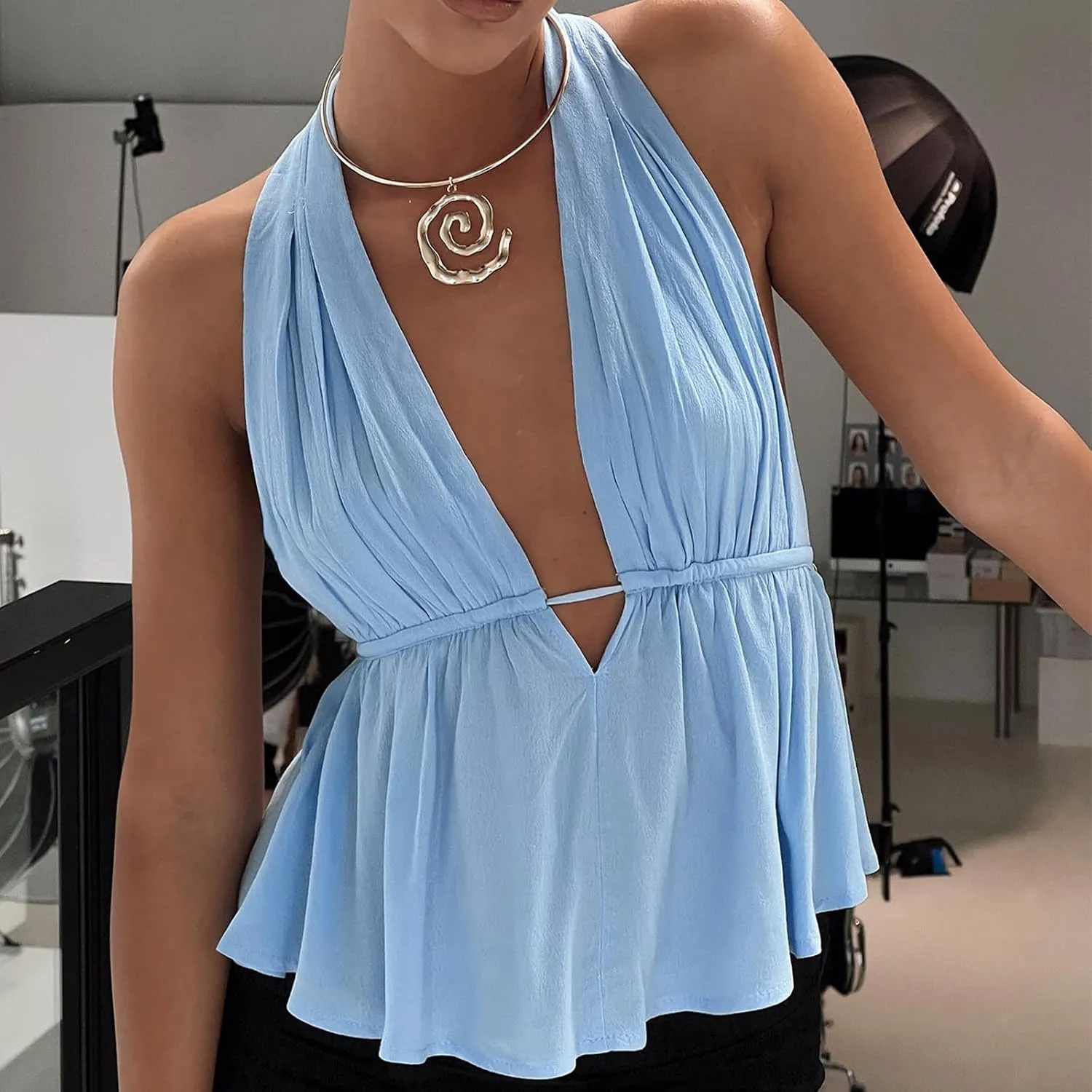 Women Sexy Halter Tops Tie Back Deep V Neck Sleeveless Crop Tops Y2K Backless Tops for Women Party Club Night