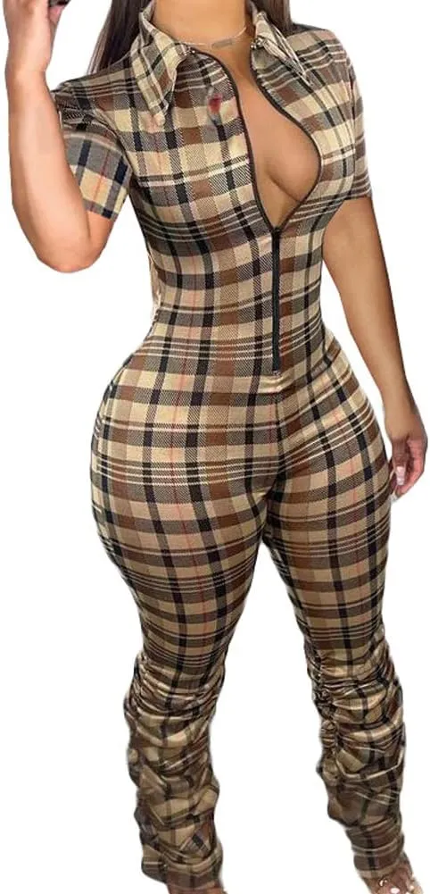 Women Sexy Jumpsuit Plaid Long Sleeves V Neck Grid Bodysuits Lady Fashion Playsuits