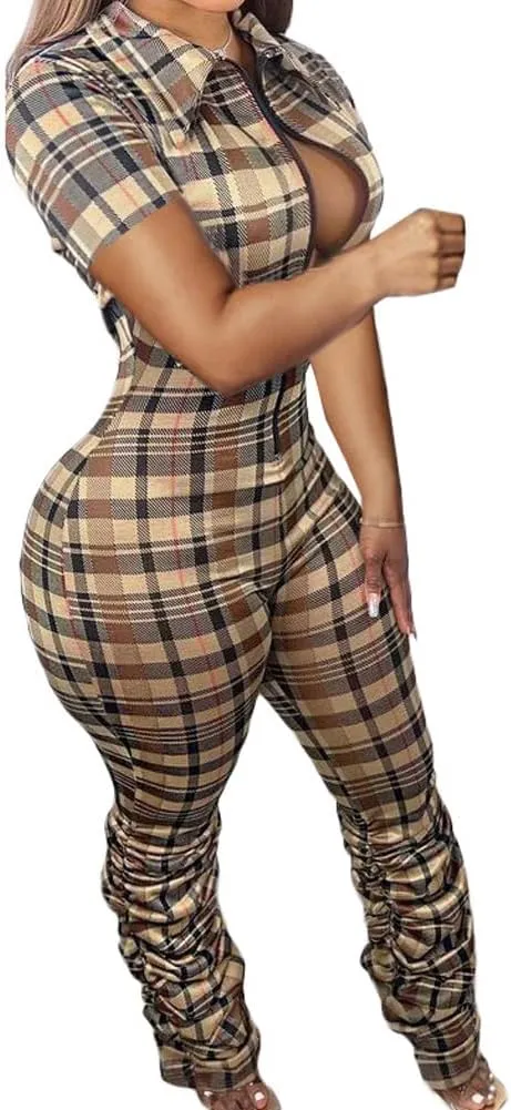 Women Sexy Jumpsuit Plaid Long Sleeves V Neck Grid Bodysuits Lady Fashion Playsuits