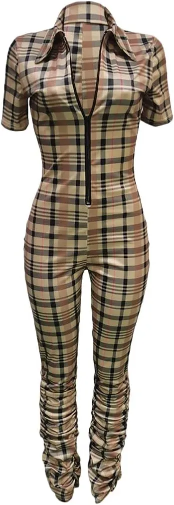 Women Sexy Jumpsuit Plaid Long Sleeves V Neck Grid Bodysuits Lady Fashion Playsuits