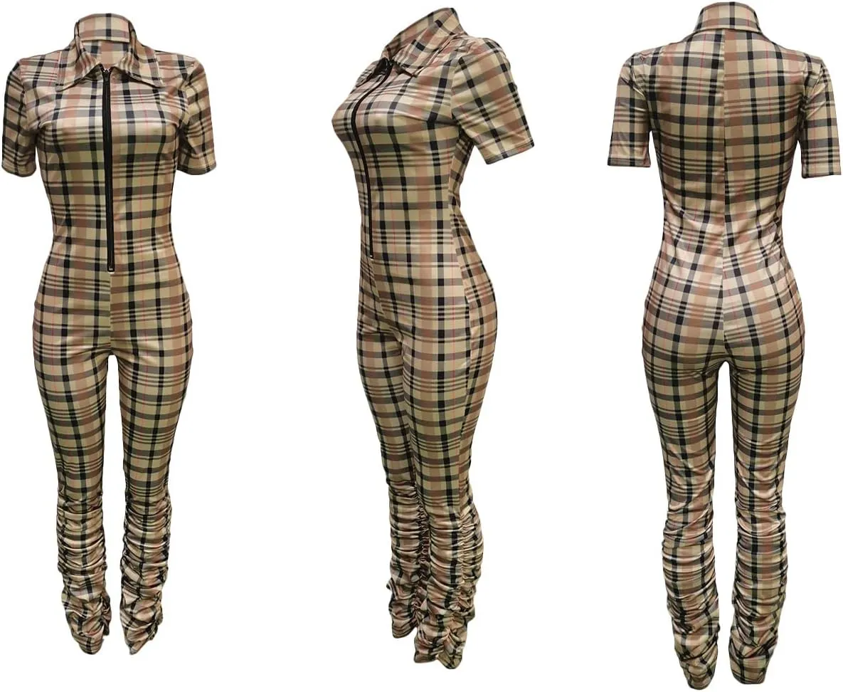 Women Sexy Jumpsuit Plaid Long Sleeves V Neck Grid Bodysuits Lady Fashion Playsuits