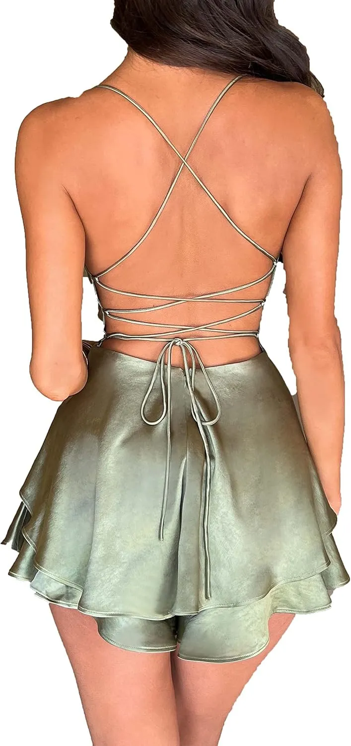 Women Sexy Low Cut Satin Mini Dress Jumpsuits Y2k Deep V Spaghetti Strap Bodycon Dress Solid Slimd Going Out Dress