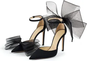 Women Stiletto High Heels Pumps with Asymmetric Grosgrain Mesh Bows Lace Ankle Strap Buckle Closed Pointed Toe Sexy Wedding Shoes Party Dressy Sandals 3.14 in